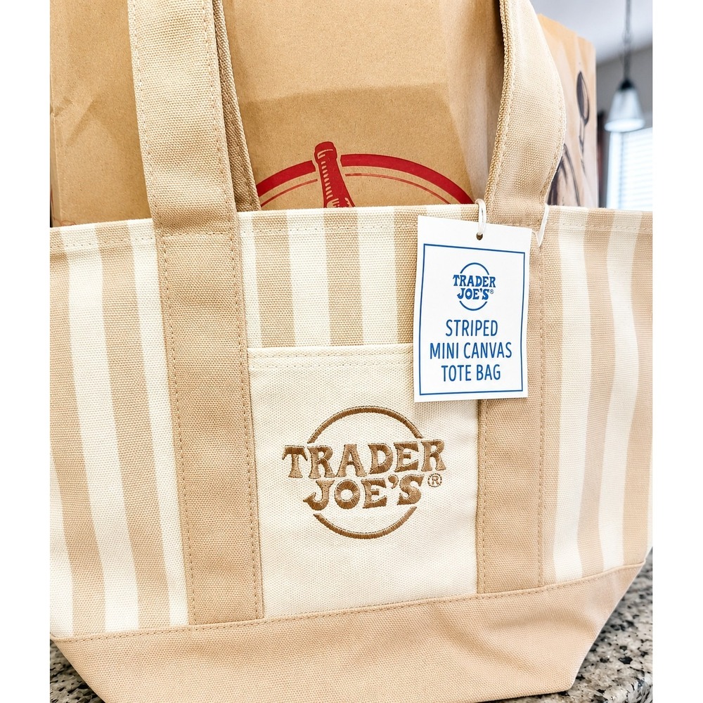 Trader Joe's Striped Mini Canvas Tote Bag Beige Neutral NWT Reusable Grocery Bag